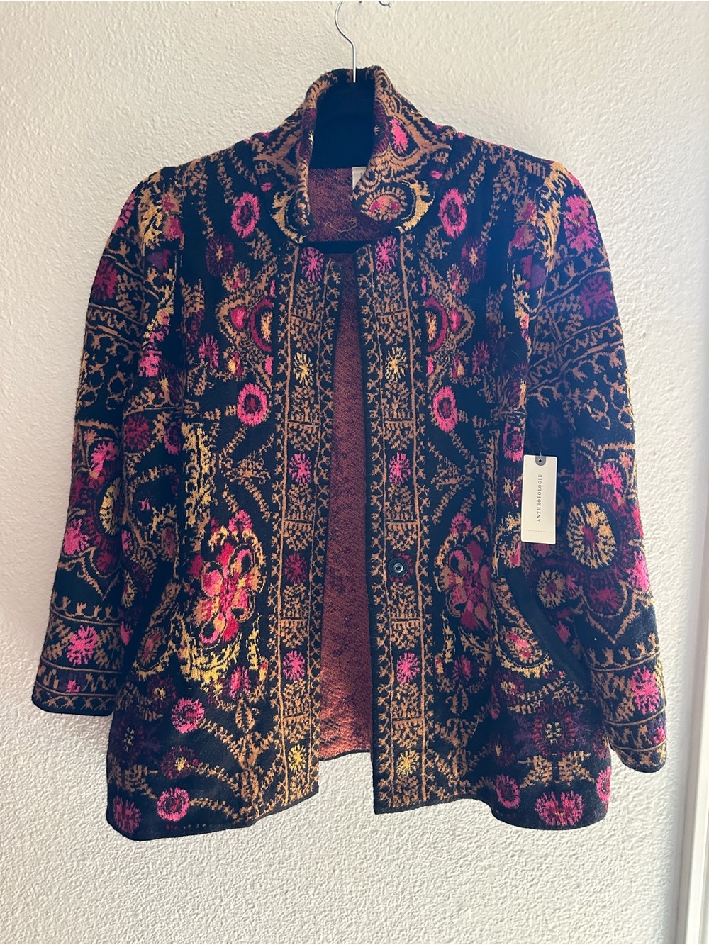 NWT Moth Anthropologie Black Jacket with Pink & Gold Floral Jacquard